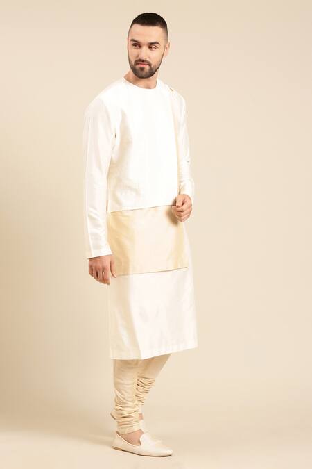 Shop Mayank Modi - Men Ivory Silk, Jacquard Chevron Pattern Panel Kurta With Churidar Online at Aza Fashions Shop_Mayank Modi - Men_Ivory Silk, Jacquard Chevron Pattern Panel Kurta With Churidar _Online_at_Aza_Fashions