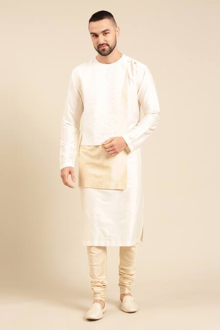 Mayank Modi - Men Ivory Silk, Jacquard Chevron Pattern Panel Kurta With Churidar at Aza Fashions Mayank Modi - Men_Ivory Silk, Jacquard Chevron Pattern Panel Kurta With Churidar _at_Aza_Fashions
