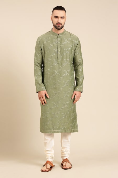 Buy_Mayank Modi - Men_Green Silk, Chanderi Embroidery Thread Kurta With Churidar _Online_at_Aza_Fashions