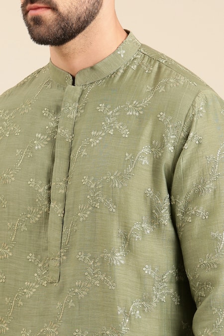 Shop_Mayank Modi - Men_Green Silk, Chanderi Embroidery Thread Kurta With Churidar _Online_at_Aza_Fashions