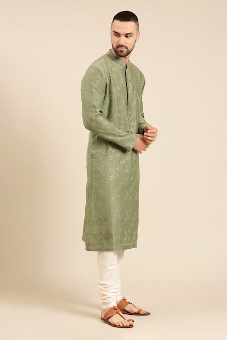 Buy_Mayank Modi - Men_Green Silk, Chanderi Embroidery Thread Kurta With Churidar 