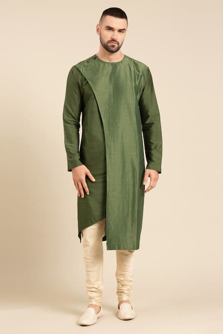 Buy_Mayank Modi - Men_Green Silk, Cotton, Kota Doria Zari Chanderi Woven Panel Kurta With Churidar _Online_at_Aza_Fashions