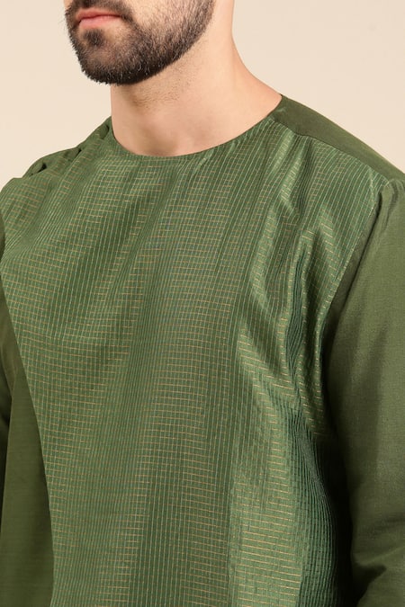 Shop_Mayank Modi - Men_Green Silk, Cotton, Kota Doria Zari Chanderi Woven Panel Kurta With Churidar _Online_at_Aza_Fashions