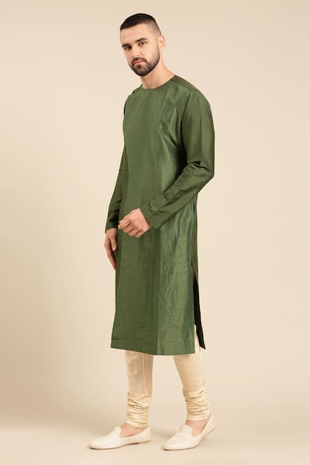 Mayank Modi - Men_Green Silk, Cotton, Kota Doria Zari Chanderi Woven Panel Kurta With Churidar _at_Aza_Fashions