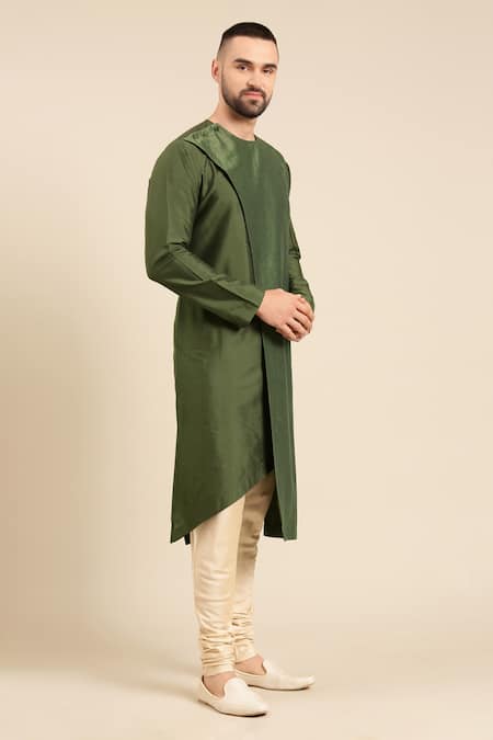 Buy_Mayank Modi - Men_Green Silk, Cotton, Kota Doria Zari Chanderi Woven Panel Kurta With Churidar 