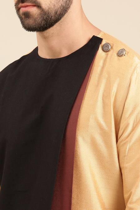 Mayank Modi - Men_Gold Silk, Cotton Contrast Colour Block Panel Kurta With Churidar _Online_at_Aza_Fashions