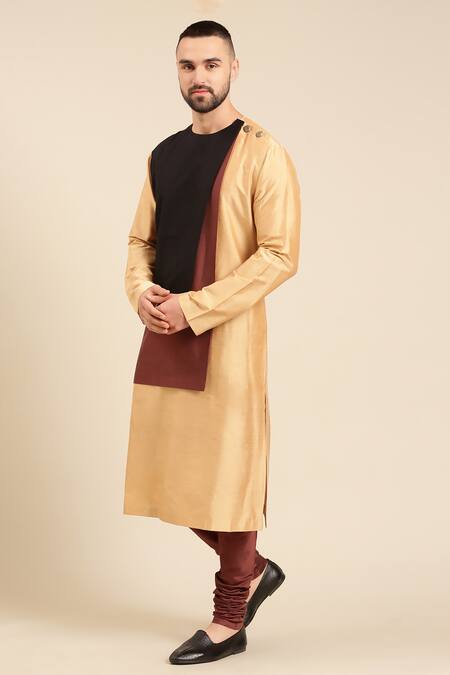 Buy_Mayank Modi - Men_Gold Silk, Cotton Contrast Colour Block Panel Kurta With Churidar _Online_at_Aza_Fashions
