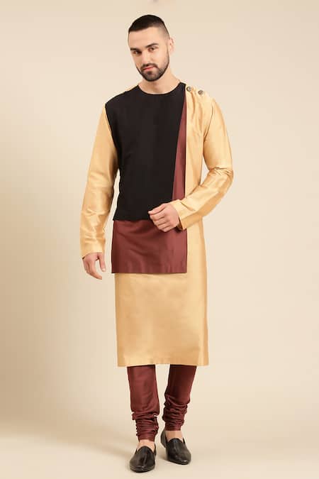 Shop_Mayank Modi - Men_Gold Silk, Cotton Contrast Colour Block Panel Kurta With Churidar _Online_at_Aza_Fashions