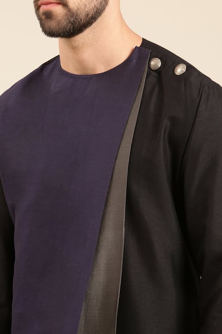 Mayank Modi - Men_Black Silk, Cotton Colour Block Panel Kurta With Churidar _Online_at_Aza_Fashions