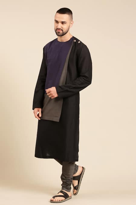 Buy_Mayank Modi - Men_Black Silk, Cotton Colour Block Panel Kurta With Churidar _Online_at_Aza_Fashions