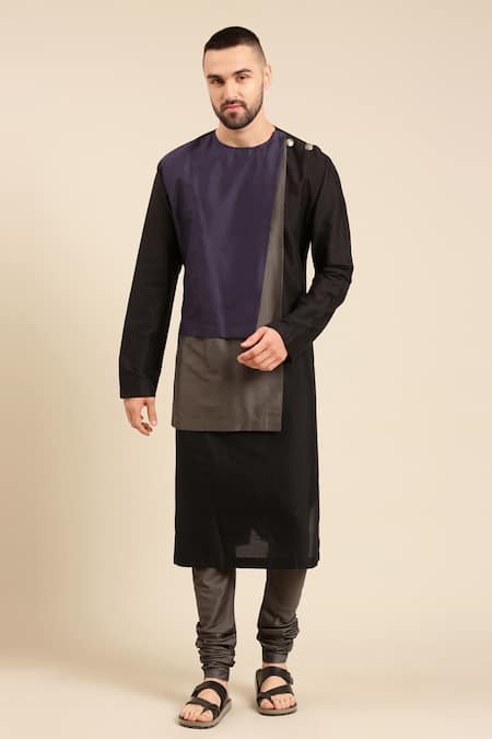Shop_Mayank Modi - Men_Black Silk, Cotton Colour Block Panel Kurta With Churidar _Online_at_Aza_Fashions