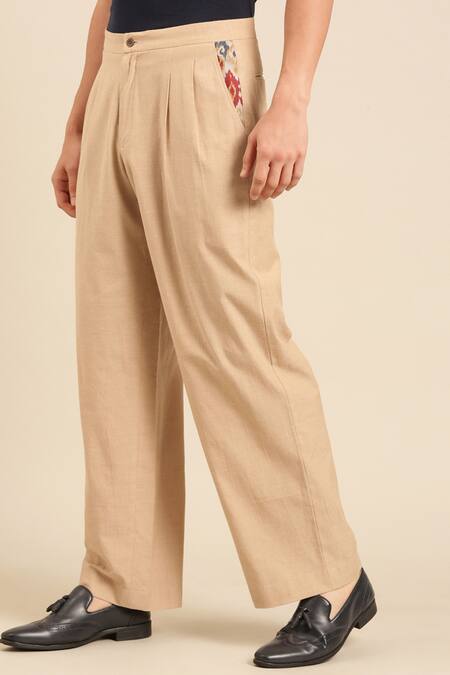 Buy_Mayank Modi - Men_Beige Cotton Solid Straight Pant _Online_at_Aza_Fashions