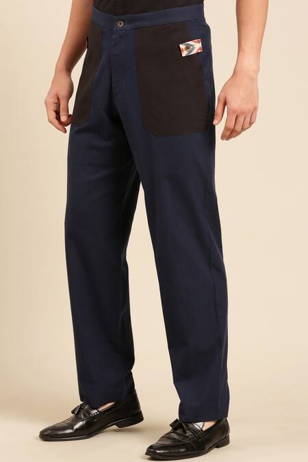 Buy_Mayank Modi - Men_Blue Cotton Straight Solid Pant _Online_at_Aza_Fashions