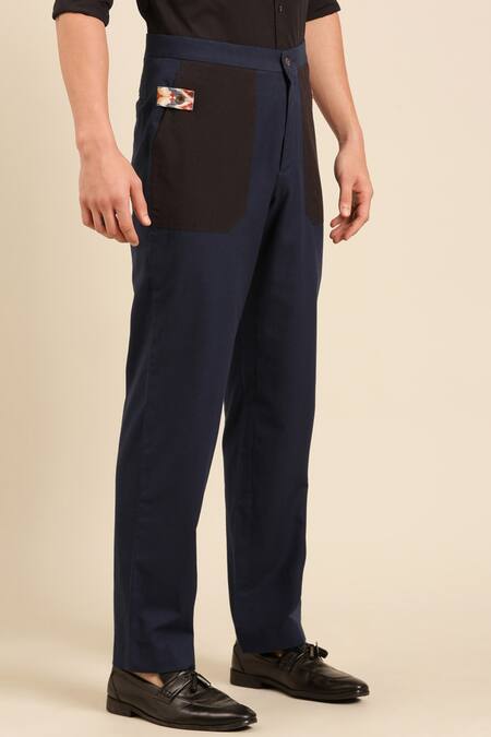 Shop_Mayank Modi - Men_Blue Cotton Straight Solid Pant _Online_at_Aza_Fashions