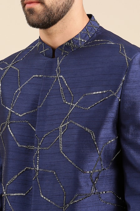 Mayank Modi - Men_Blue Silk Cut Work Cutdana Angular Pattern Sherwani With Churidar _Online_at_Aza_Fashions