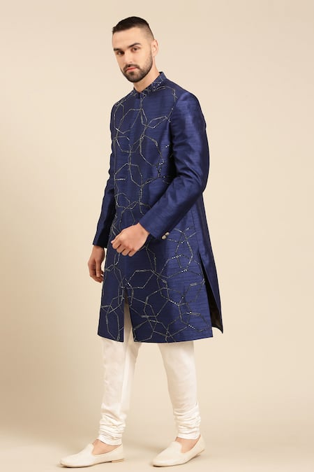 Buy_Mayank Modi - Men_Blue Silk Cut Work Cutdana Angular Pattern Sherwani With Churidar _Online_at_Aza_Fashions