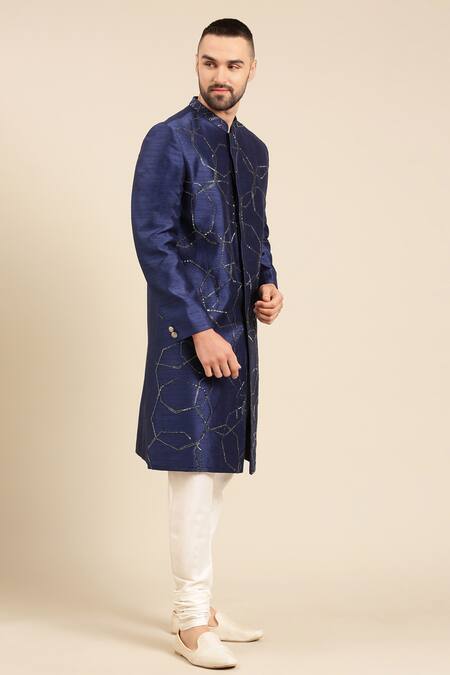 Shop_Mayank Modi - Men_Blue Silk Cut Work Cutdana Angular Pattern Sherwani With Churidar _Online_at_Aza_Fashions