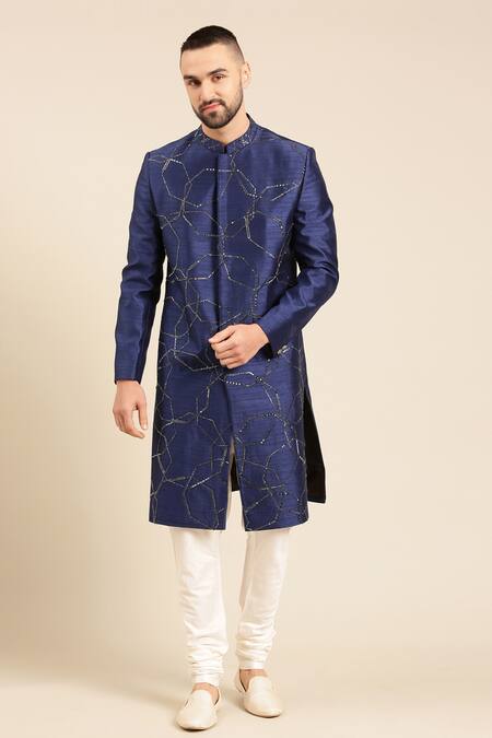 Mayank Modi - Men_Blue Silk Cut Work Cutdana Angular Pattern Sherwani With Churidar _at_Aza_Fashions