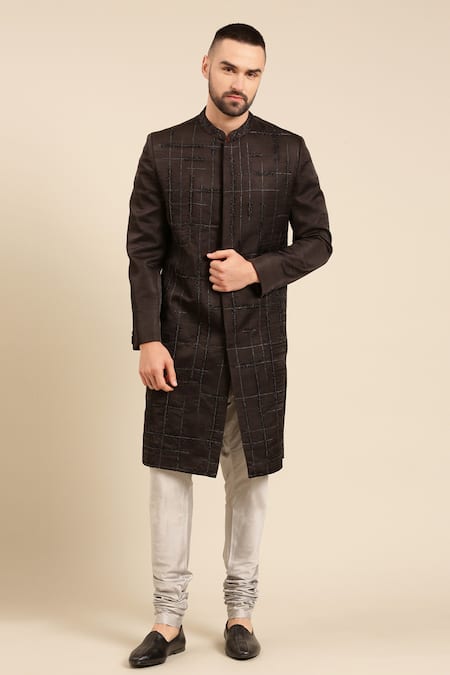 Mayank Modi - Men Cutdana Checks Embroidered Sherwani With Churidar For Kids