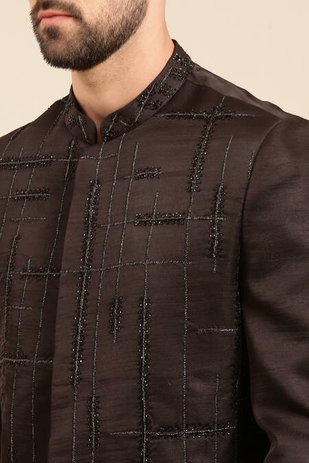 Mayank Modi - Men_Black Silk Cut Work Cutdana Checks Embroidered Sherwani With Churidar For Kids_Online_at_Aza_Fashions