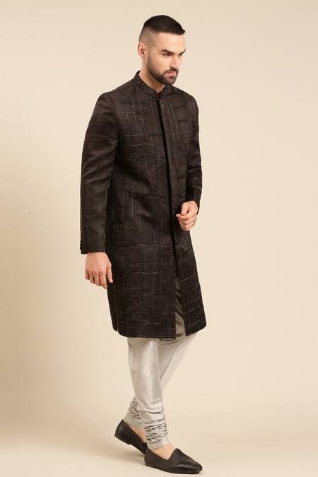 Shop_Mayank Modi - Men_Black Silk Cut Work Cutdana Checks Embroidered Sherwani With Churidar For Kids_Online_at_Aza_Fashions