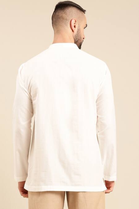Shop_Mayank Modi - Men_White Cotton Solid Short Kurta _at_Aza_Fashions