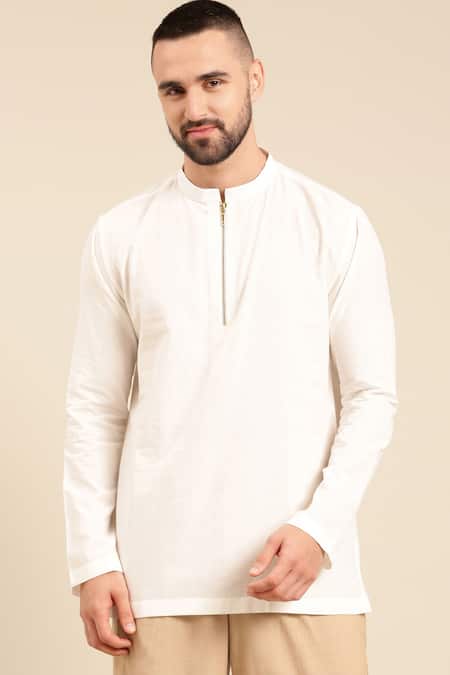 Mayank Modi - Men_White Cotton Solid Short Kurta _Online_at_Aza_Fashions
