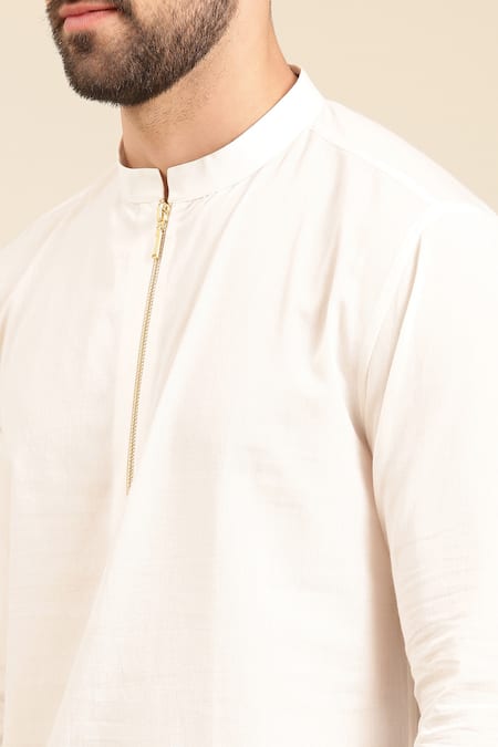 Buy_Mayank Modi - Men_White Cotton Solid Short Kurta _Online_at_Aza_Fashions