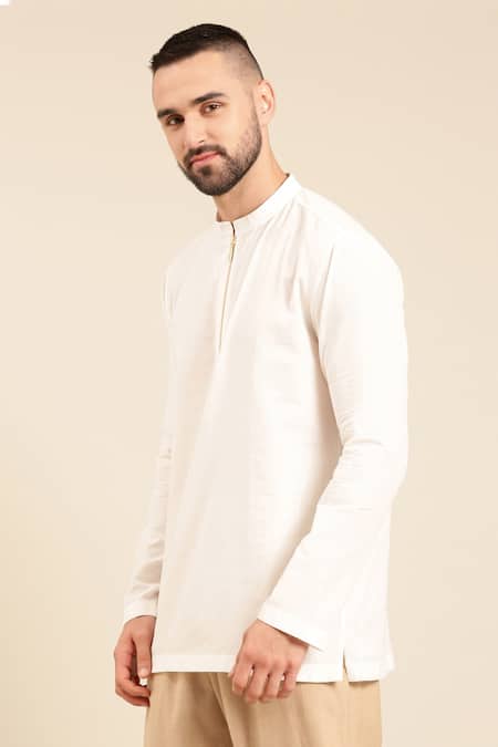 Shop_Mayank Modi - Men_White Cotton Solid Short Kurta _Online_at_Aza_Fashions