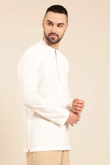 Mayank Modi - Men_White Cotton Solid Short Kurta _at_Aza_Fashions