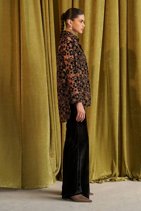 Buy Qala Clothing Black Velvet Embroidery Collared Elara Floral Shirt Pant Set Online at Aza Fashions Buy_Qala Clothing_Black Velvet Embroidery Collared Elara Floral Shirt Pant Set _Online_at_Aza_Fashions