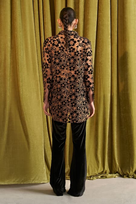 Shop Qala Clothing Black Velvet Embroidery Collared Elara Floral Shirt Pant Set at Aza Fashions Shop_Qala Clothing_Black Velvet Embroidery Collared Elara Floral Shirt Pant Set _at_Aza_Fashions