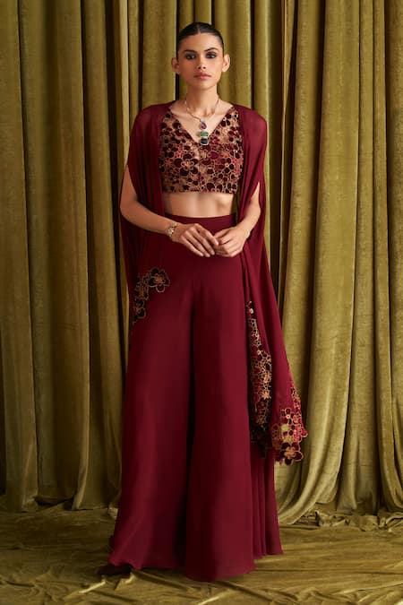 QALA CLOTHING Red Velvet Embroidery Floral Blouse V Neck Iraja Cape Sharara Set 