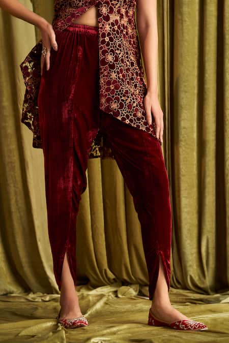 Qala Clothing Red Velvet Embroidery V-neck Reeva Floral Kurta With Dhoti Pant Online at Aza Fashions Qala Clothing_Red Velvet Embroidery V-neck Reeva Floral Kurta With Dhoti Pant _Online_at_Aza_Fashions