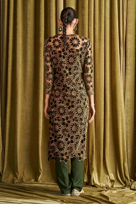 Shop Qala Clothing Green Velvet, Cotton Satin Embroidery Round Neck Tasha Floral Kurta With Pant at Aza Fashions Shop_Qala Clothing_Green Velvet, Cotton Satin Embroidery Round Neck Tasha Floral Kurta With Pant _at_Aza_Fashions