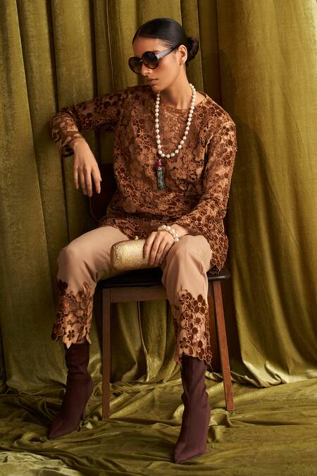 Shop Qala Clothing Brown Velvet, Brocade, Crepe Cut Work, Embroidery Kaia Floral Kurta With Pant Online at Aza Fashions Shop_Qala Clothing_Brown Velvet, Brocade, Crepe Cut Work, Embroidery Kaia Floral Kurta With Pant _Online_at_Aza_Fashions