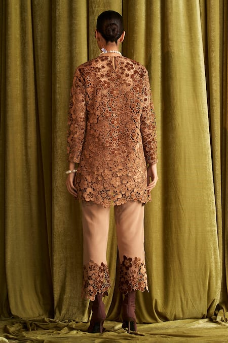 Shop Qala Clothing Brown Velvet, Brocade, Crepe Cut Work, Embroidery Kaia Floral Kurta With Pant at Aza Fashions Shop_Qala Clothing_Brown Velvet, Brocade, Crepe Cut Work, Embroidery Kaia Floral Kurta With Pant _at_Aza_Fashions