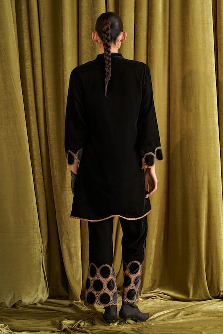 Shop Qala Clothing Black Velvet Embroidery Collared Siena Kurta Pant Set at Aza Fashions Shop_Qala Clothing_Black Velvet Embroidery Collared Siena Kurta Pant Set _at_Aza_Fashions