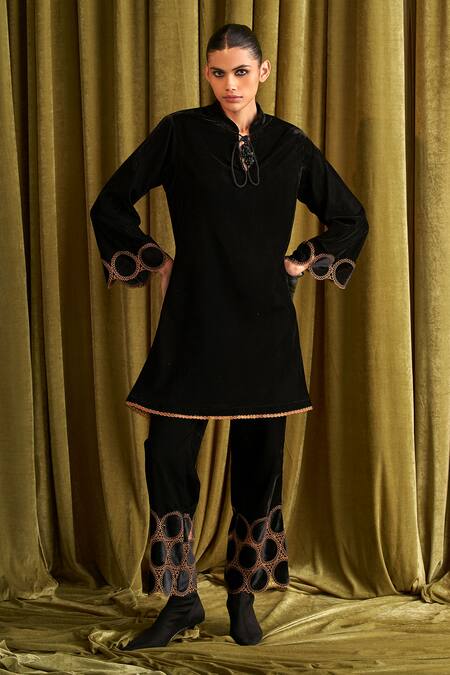 Shop Qala Clothing Black Velvet Embroidery Collared Siena Kurta Pant Set Online at Aza Fashions Shop_Qala Clothing_Black Velvet Embroidery Collared Siena Kurta Pant Set _Online_at_Aza_Fashions