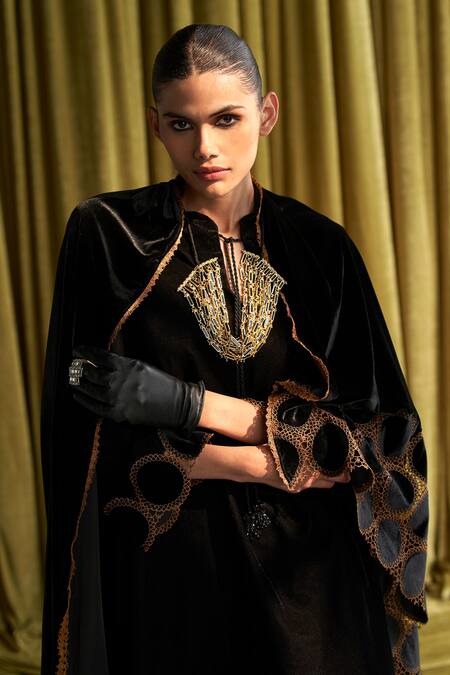 Buy_Qala Clothing_Black Velvet Embroidery Collared Siena Kurta With Pant _Online_at_Aza_Fashions