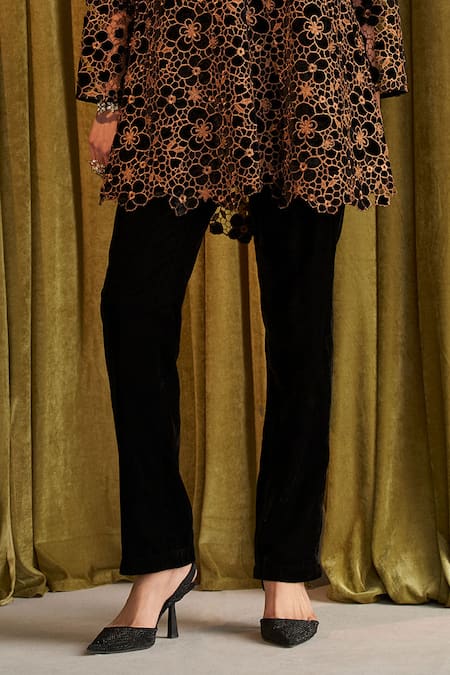 Qala Clothing Black Velvet Embroidery Round Neck Thalia Long Top With Pant Online at Aza Fashions Qala Clothing_Black Velvet Embroidery Round Neck Thalia Long Top With Pant _Online_at_Aza_Fashions