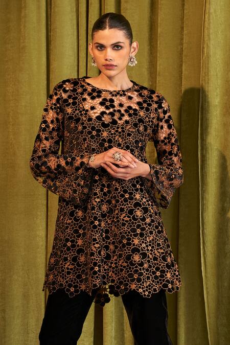 Buy Qala Clothing Black Velvet Embroidery Round Neck Thalia Long Top With Pant Online at Aza Fashions Buy_Qala Clothing_Black Velvet Embroidery Round Neck Thalia Long Top With Pant _Online_at_Aza_Fashions