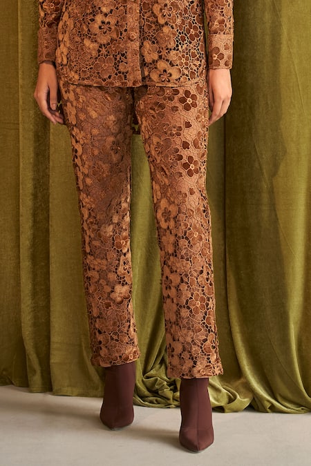 Qala Clothing_Brown Velvet Embroidery Collared Nia Floral Shirt With Pant _Online_at_Aza_Fashions
