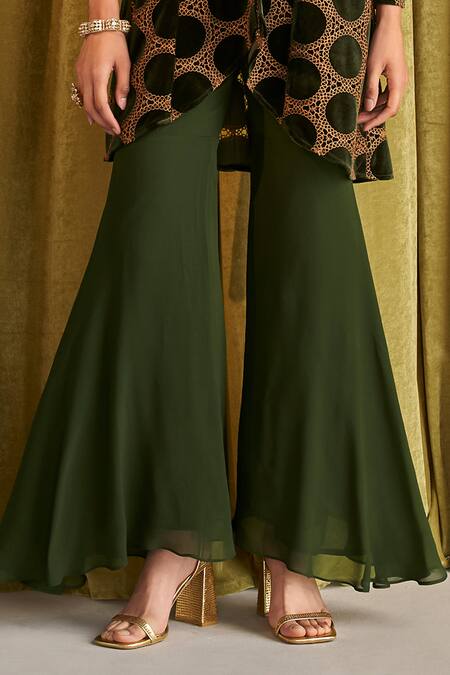 Qala Clothing_Green Velvet, Georgette Embroidery, Applique Leora High-low Kurta And Sharara Set _Online_at_Aza_Fashions