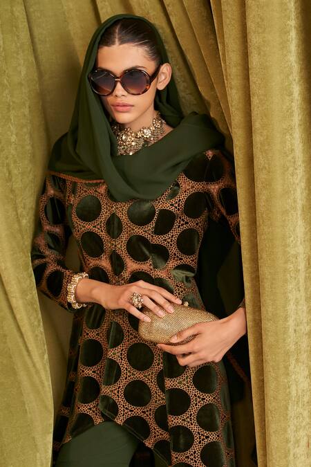 Shop_Qala Clothing_Green Velvet, Georgette Embroidery, Applique Leora High-low Kurta And Sharara Set _Online_at_Aza_Fashions