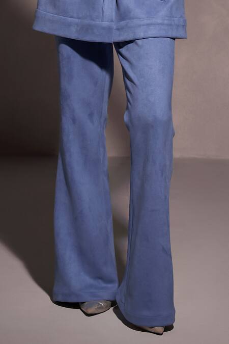 Qala Clothing Blue Suede V-neck Mora Long Jacket And Pant Set Online at Aza Fashions Qala Clothing_Blue Suede V-neck Mora Long Jacket And Pant Set_Online_at_Aza_Fashions