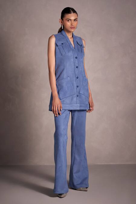 Shop Qala Clothing Blue Suede V-neck Mora Long Jacket And Pant Set at Aza Fashions Shop_Qala Clothing_Blue Suede V-neck Mora Long Jacket And Pant Set_at_Aza_Fashions
