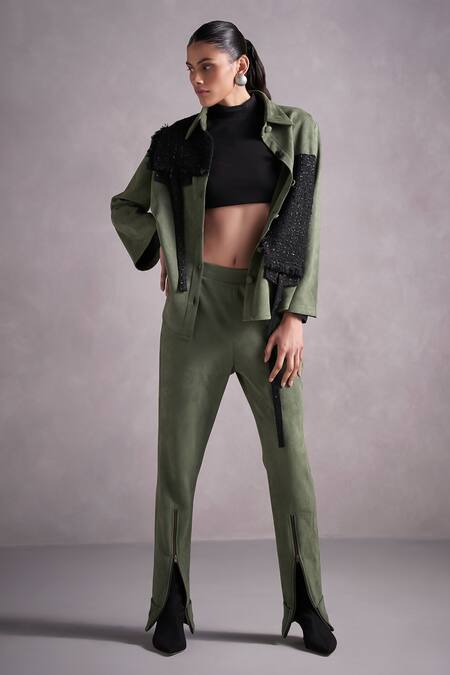 Qala Clothing Green Suede, Tweed Fringe Collared Ivanna Panelled Jacket And Pant Set Online at Aza Fashions Qala Clothing_Green Suede, Tweed Fringe Collared Ivanna Panelled Jacket And Pant Set_Online_at_Aza_Fashions