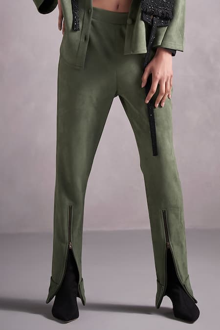 Buy Qala Clothing Green Suede, Tweed Fringe Collared Ivanna Panelled Jacket And Pant Set Online at Aza Fashions Buy_Qala Clothing_Green Suede, Tweed Fringe Collared Ivanna Panelled Jacket And Pant Set_Online_at_Aza_Fashions