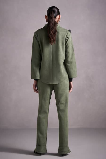 Shop Qala Clothing Green Suede, Tweed Fringe Collared Ivanna Panelled Jacket And Pant Set Online at Aza Fashions Shop_Qala Clothing_Green Suede, Tweed Fringe Collared Ivanna Panelled Jacket And Pant Set_Online_at_Aza_Fashions